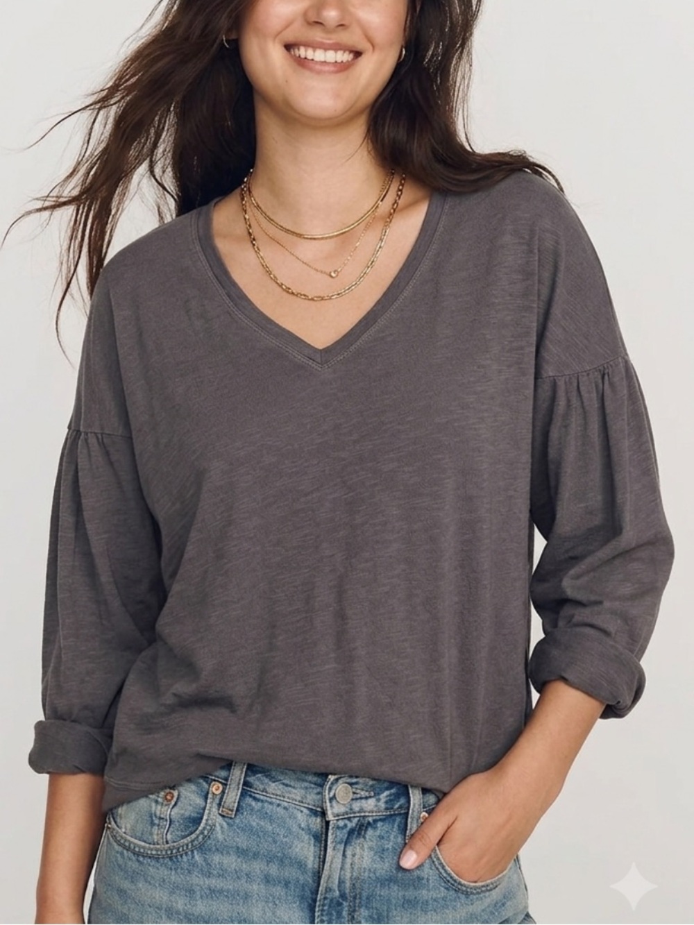 Hello Nite Shirred Long Sleeve V-Neck Tee Womens Size Large Dark Grey Cotton